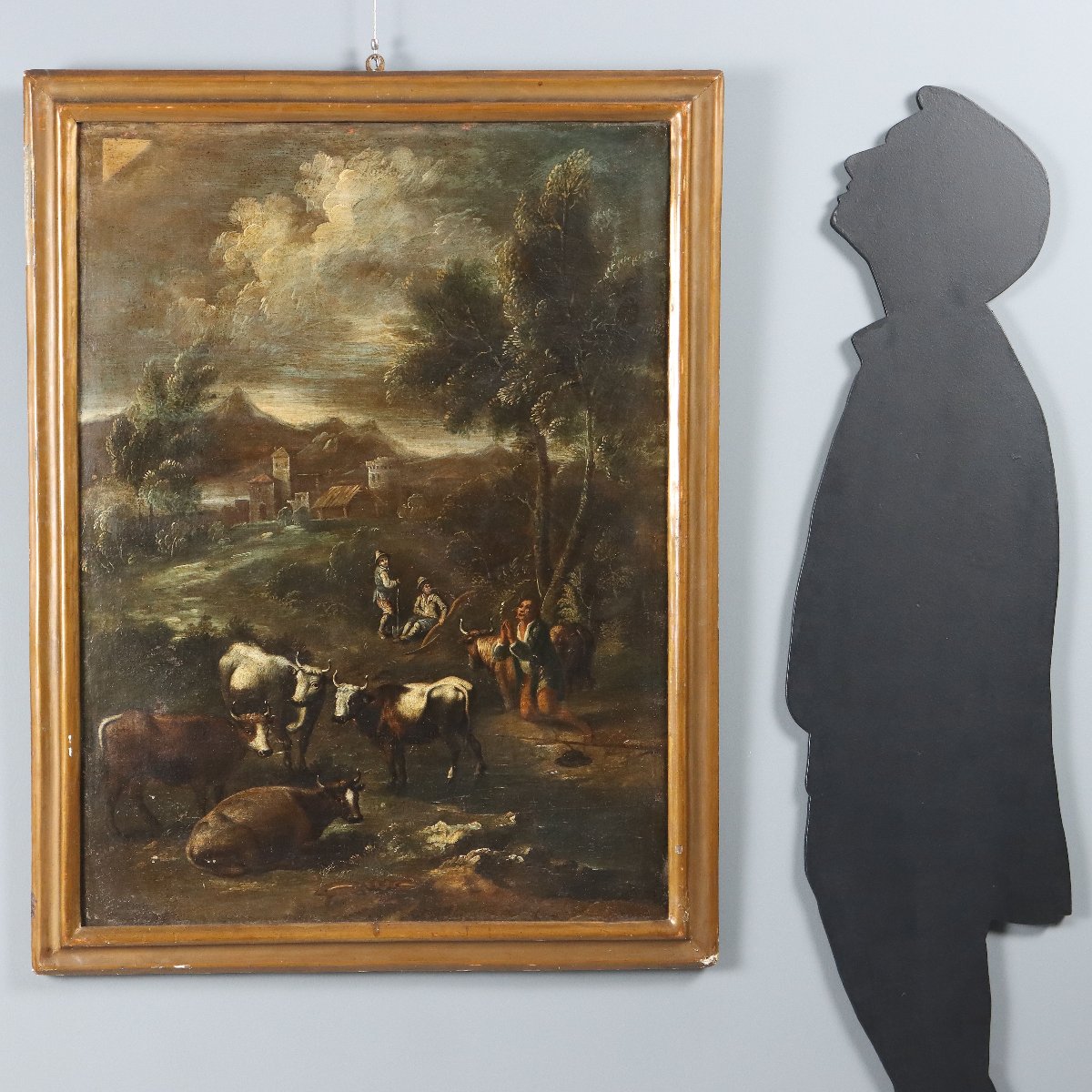 Paesaggio con Figure e Mandria Dipinto Antico Europa XVIII Secolo Originale-photo-2
