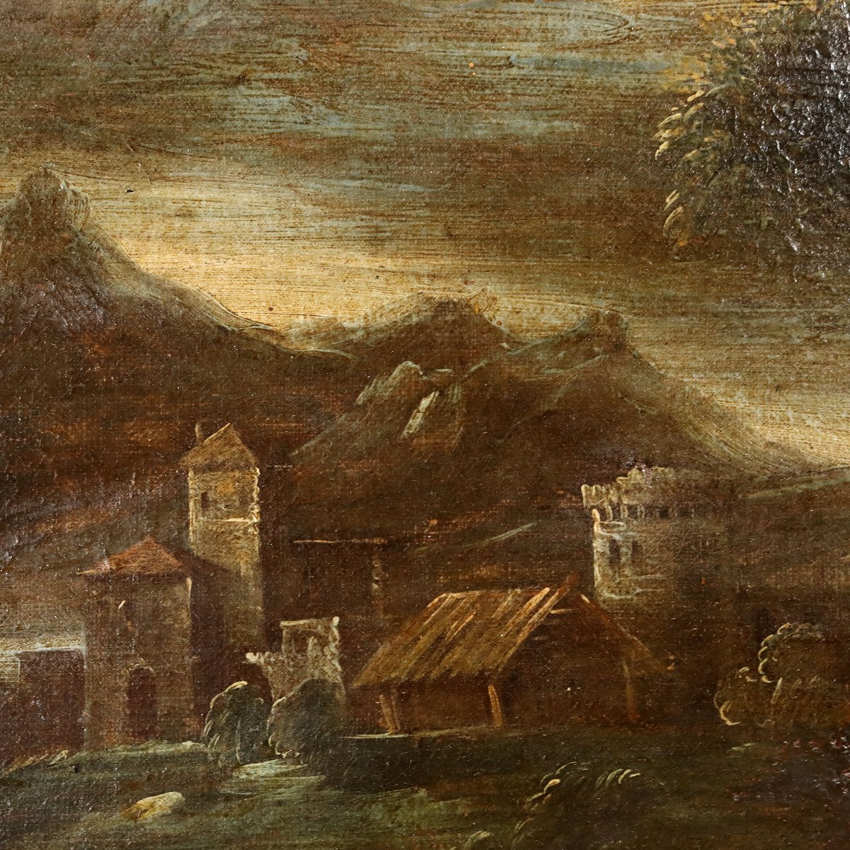 Paesaggio con Figure e Mandria Dipinto Antico Europa XVIII Secolo Originale-photo-3