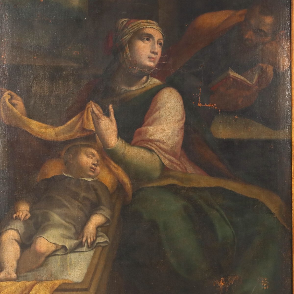Sacra Famiglia Dipinto Antico Olio su Tela Scuola Nord Italia Originale-photo-2