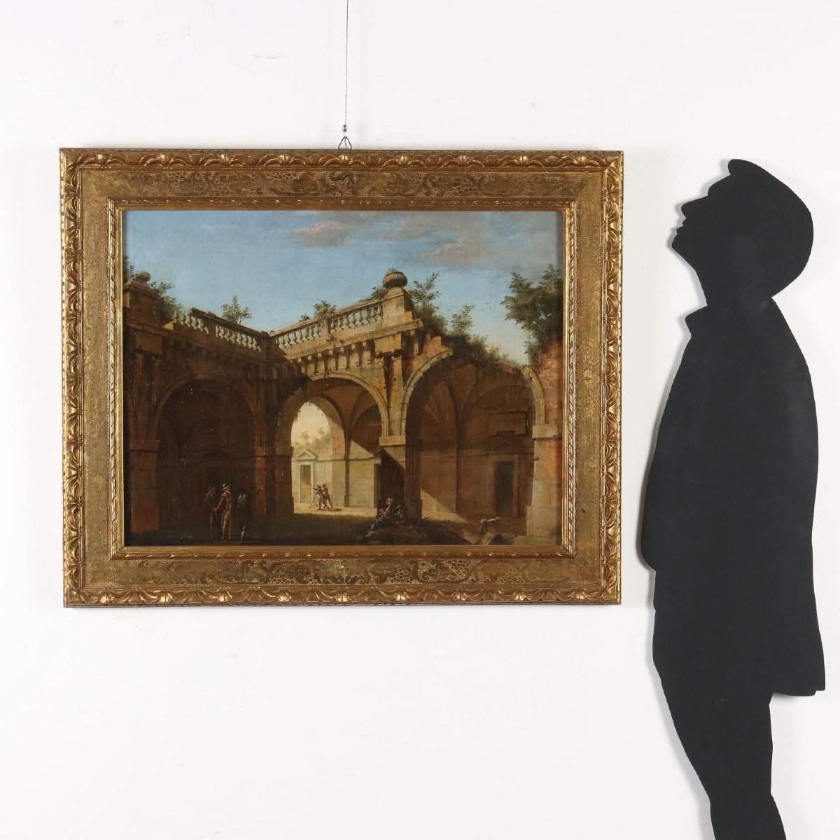 Quadro Antico Dipinto Capriccio Architettonico Olio su Tela '700-photo-2