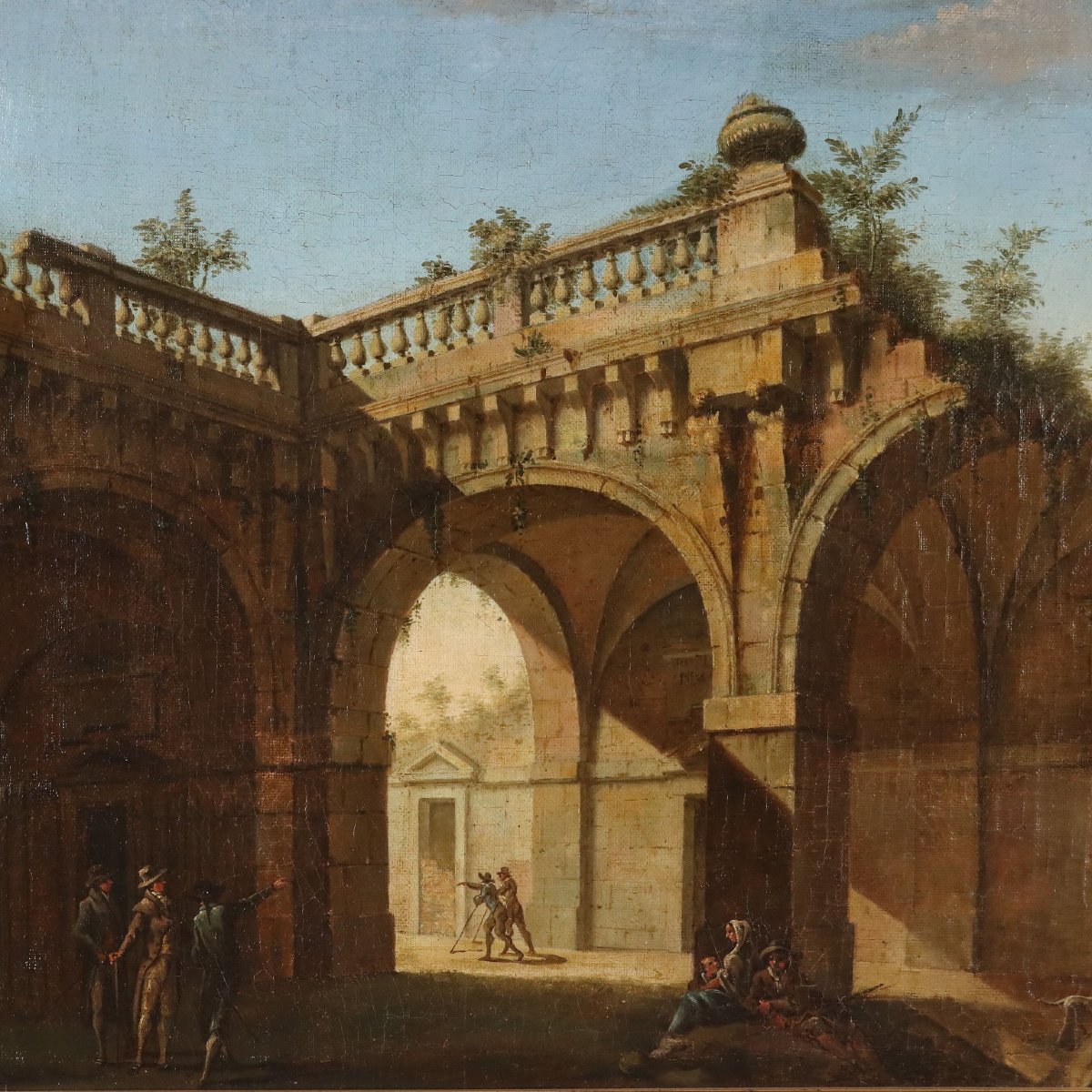 Quadro Antico Dipinto Capriccio Architettonico Olio su Tela '700-photo-3
