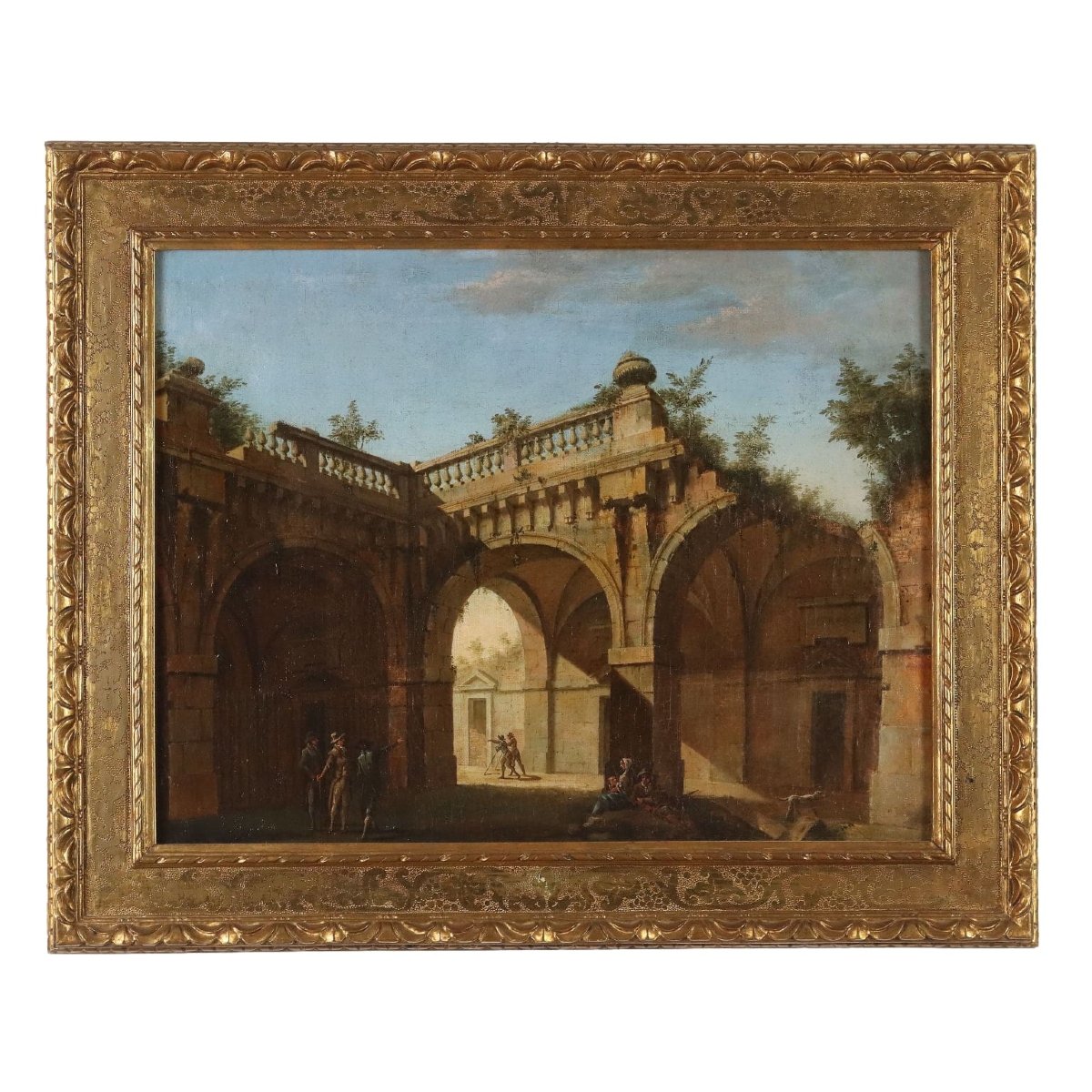 Quadro Antico Dipinto Capriccio Architettonico Olio su Tela '700