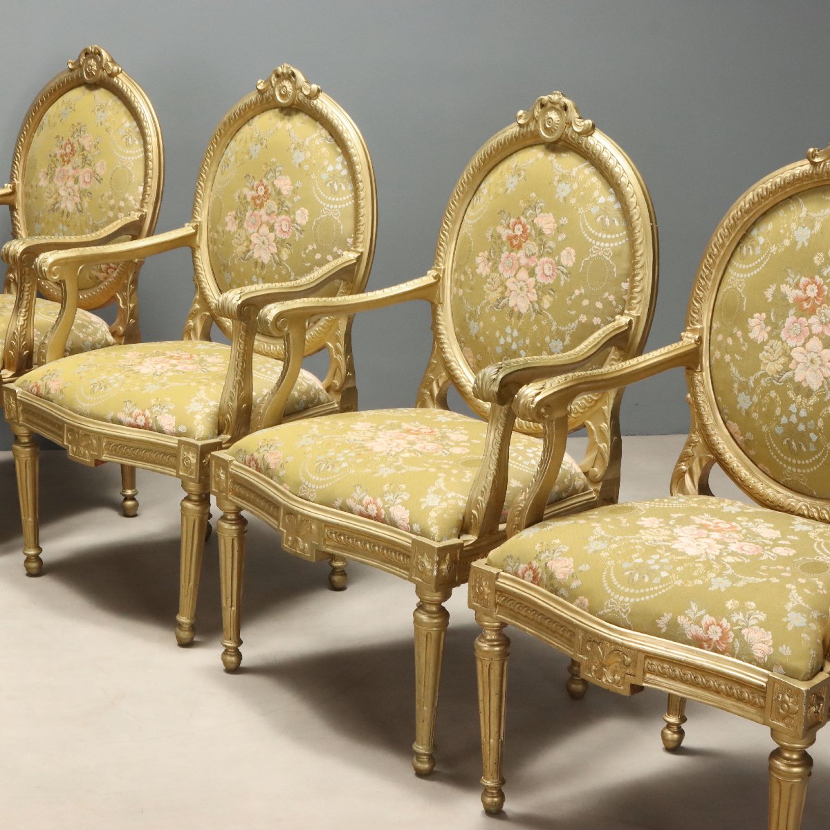 Gruppo di Dieci Poltroncine Neoclassiche in Legno Dorato Italia, terzo quarto XIX Secolo-photo-1
