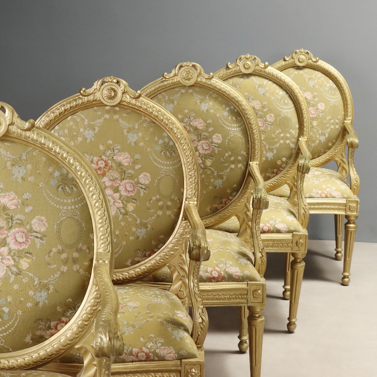 Gruppo di Dieci Poltroncine Neoclassiche in Legno Dorato Italia, terzo quarto XIX Secolo-photo-2