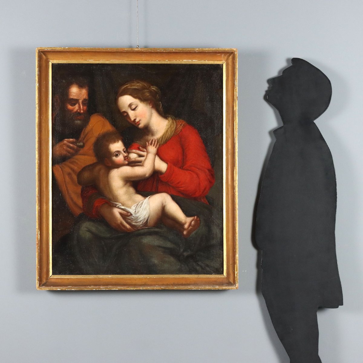 Dipinto Antico Madonna con Bambino e San Giuseppe Scuola Emiliana XVII Secolo-photo-2