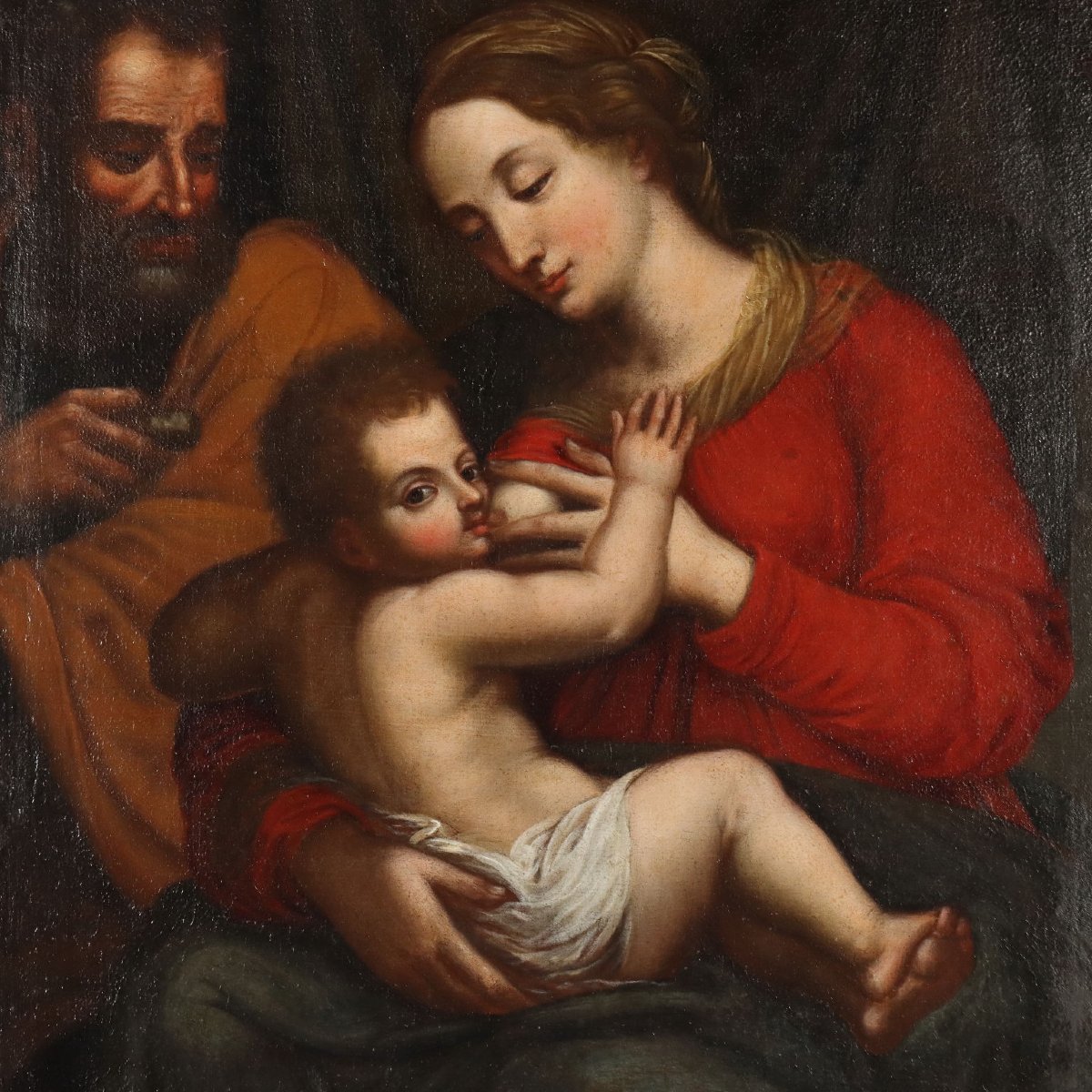 Dipinto Antico Madonna con Bambino e San Giuseppe Scuola Emiliana XVII Secolo-photo-3