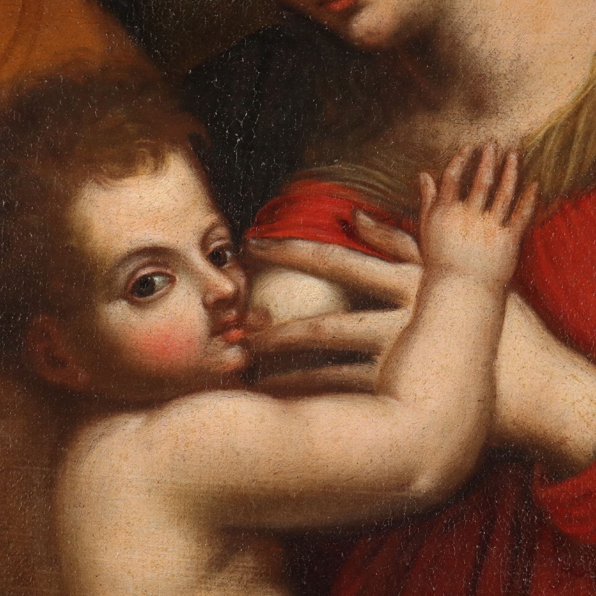 Dipinto Antico Madonna con Bambino e San Giuseppe Scuola Emiliana XVII Secolo-photo-2