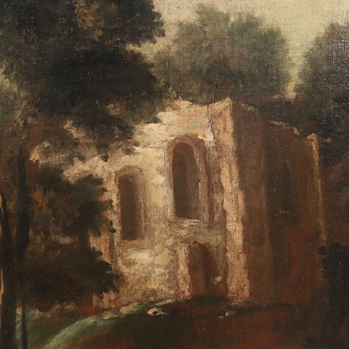 Dipinto Antico Paesaggio con Edificio Olio su Tela XVIII Secolo Originale-photo-3