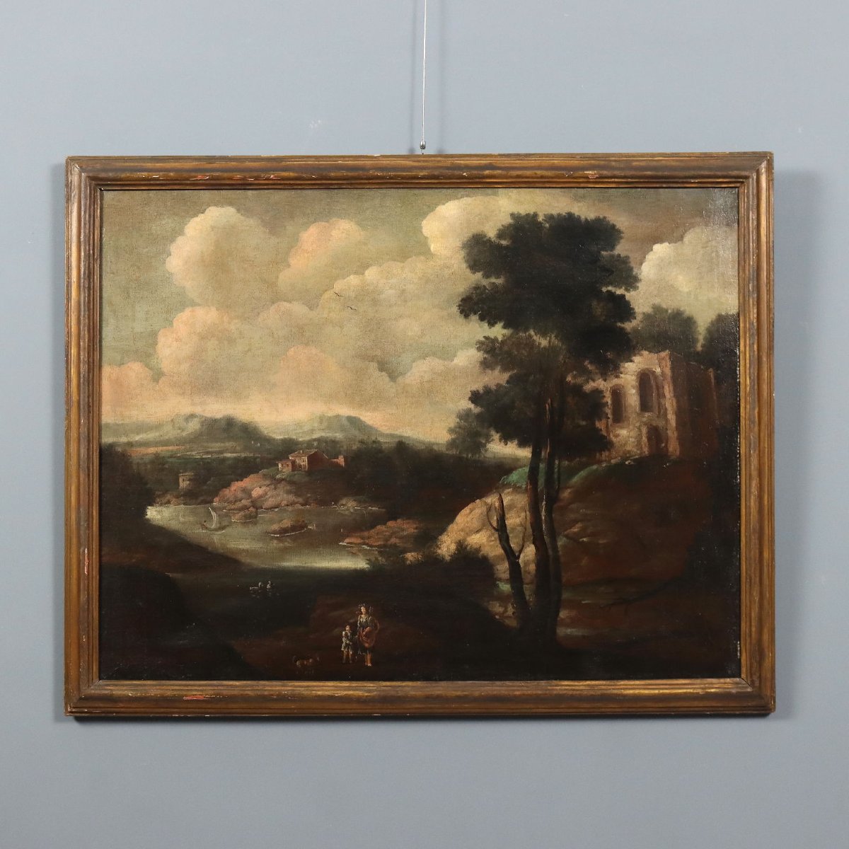 Dipinto Antico Paesaggio con Edificio Olio su Tela XVIII Secolo Originale