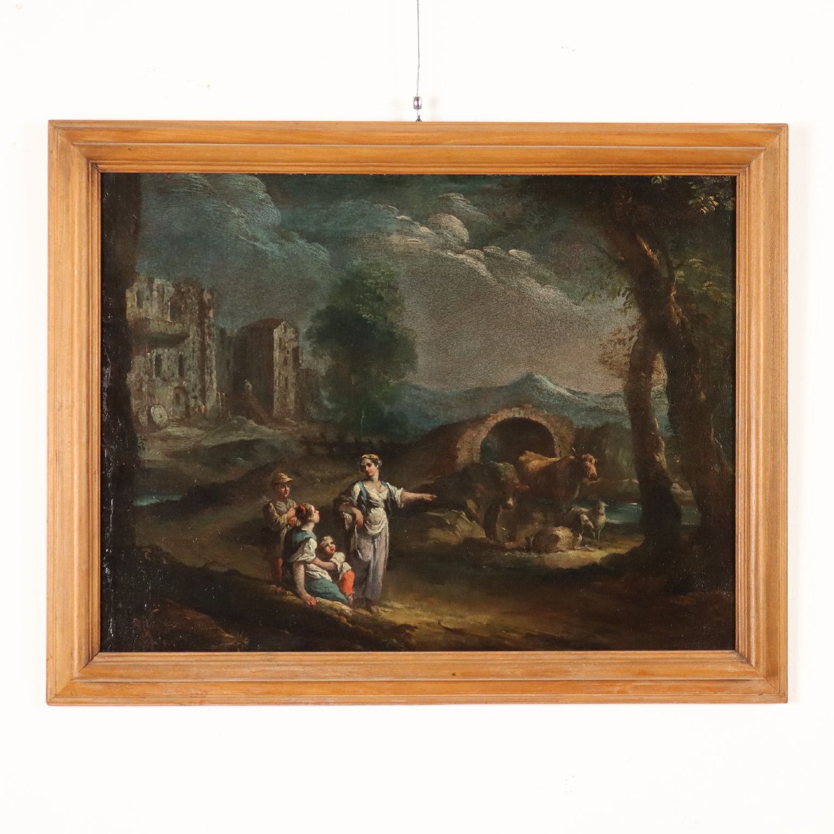 Paesaggio con Figure ed Armenti Dipinto Antico Olio su Tela '700 Originale