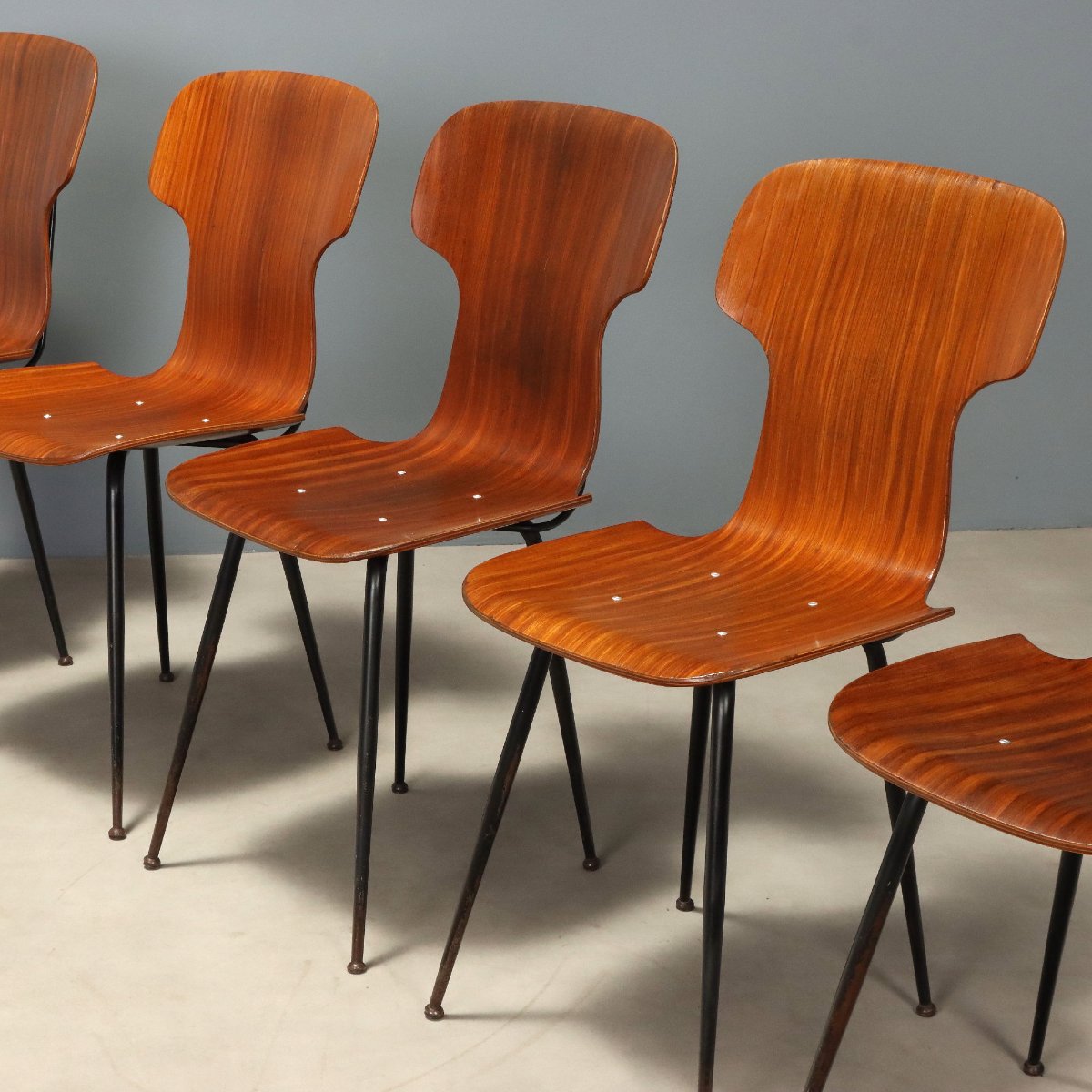 Set 6 Sedie Industria Legni Curvati Compensato Metallo Design Anni 60 Originali-photo-4
