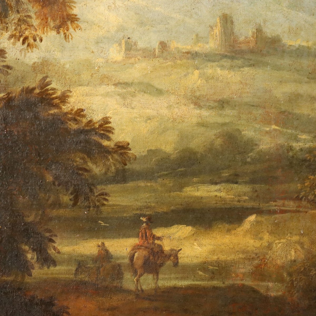 Paesaggio con Torrente Mulino e Figure Dipinto Antico XVIII Secolo Restaurato-photo-1