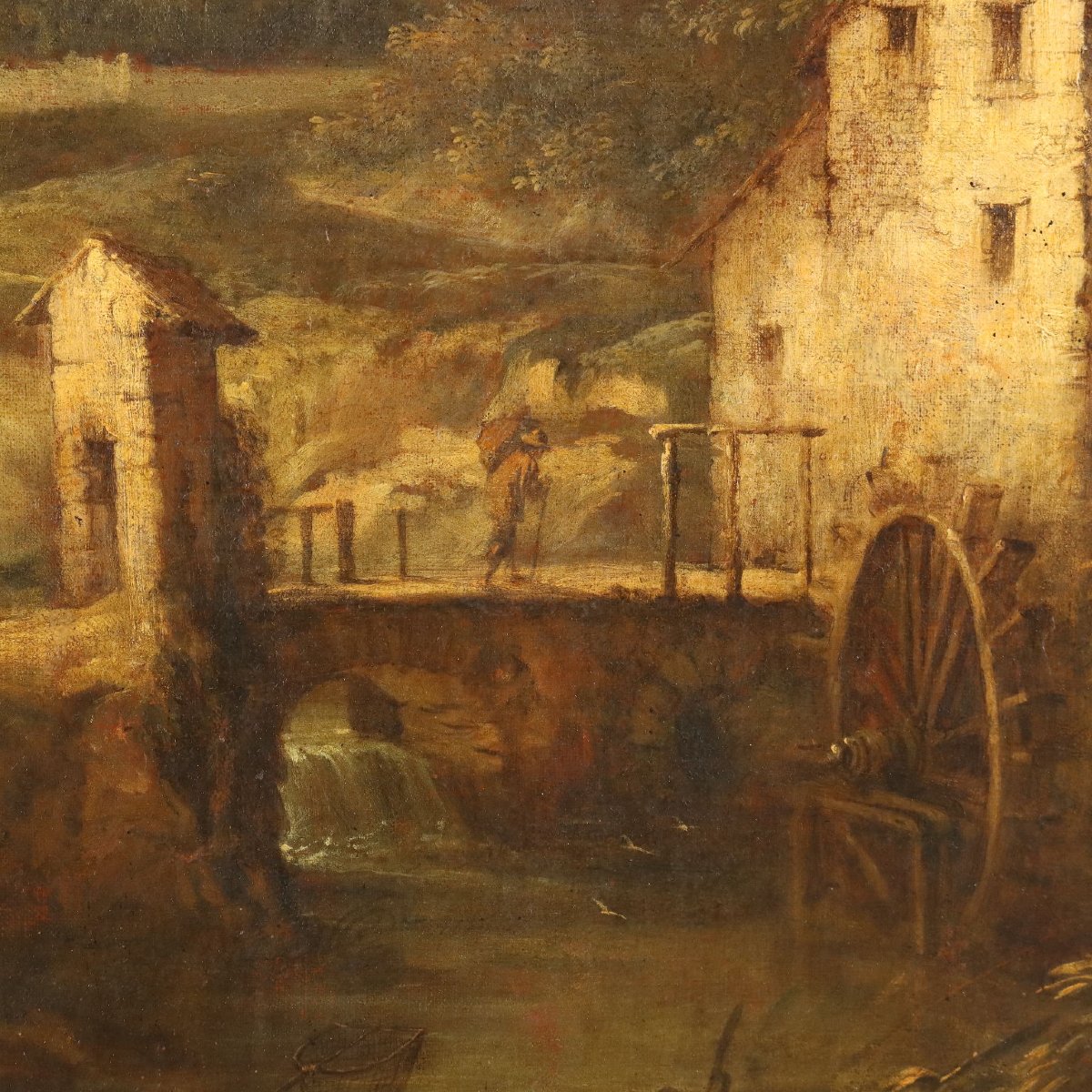 Paesaggio con Torrente Mulino e Figure Dipinto Antico XVIII Secolo Restaurato-photo-2