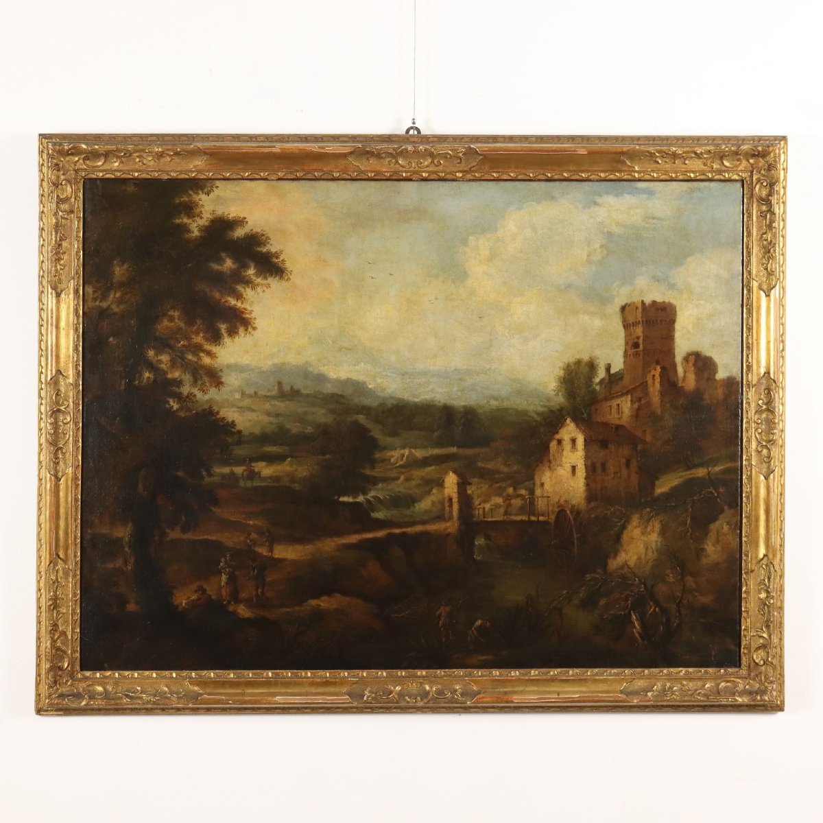 Paesaggio con Torrente Mulino e Figure Dipinto Antico XVIII Secolo Restaurato