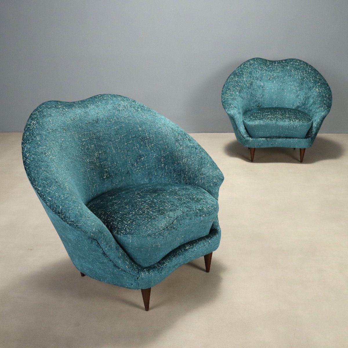 Coppia Poltrone Vintage Tessuto Blu Faggio Design Italia Anni 50 Originali