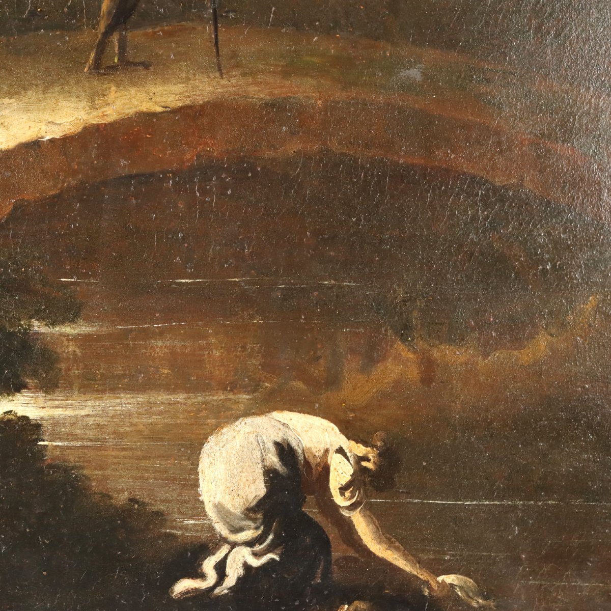 Paesaggio Fluviale con Figure Dipinto Antico Olio su Tela XVIII Secolo Originale-photo-1