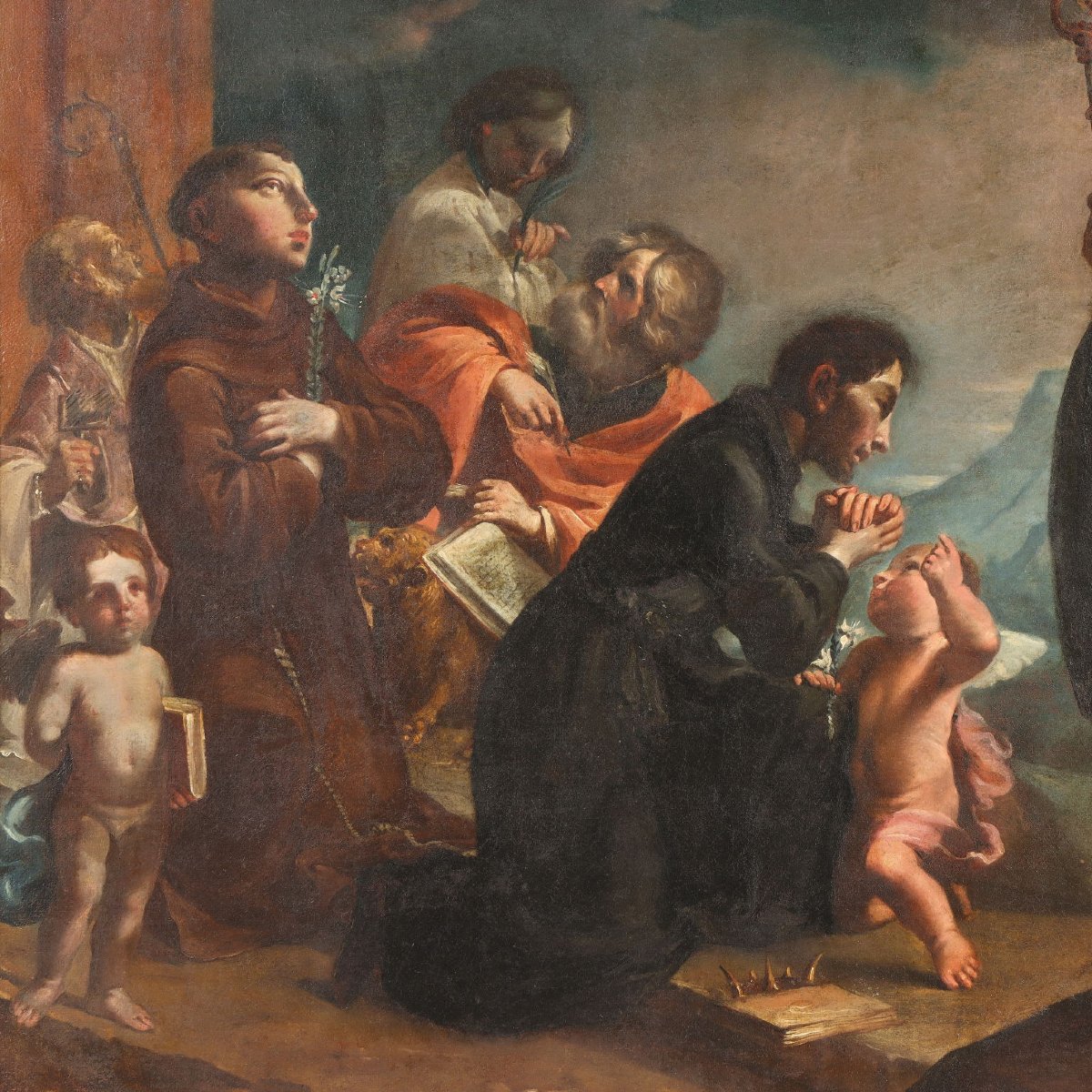Dipinto Antico Madonna con Santi Olio su Tela XVII Secolo Originale-photo-2