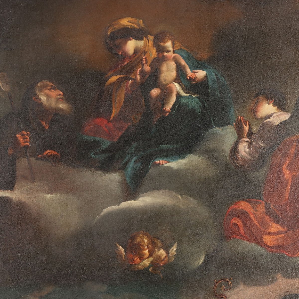 Dipinto Antico Madonna con Santi Olio su Tela XVII Secolo Originale-photo-3