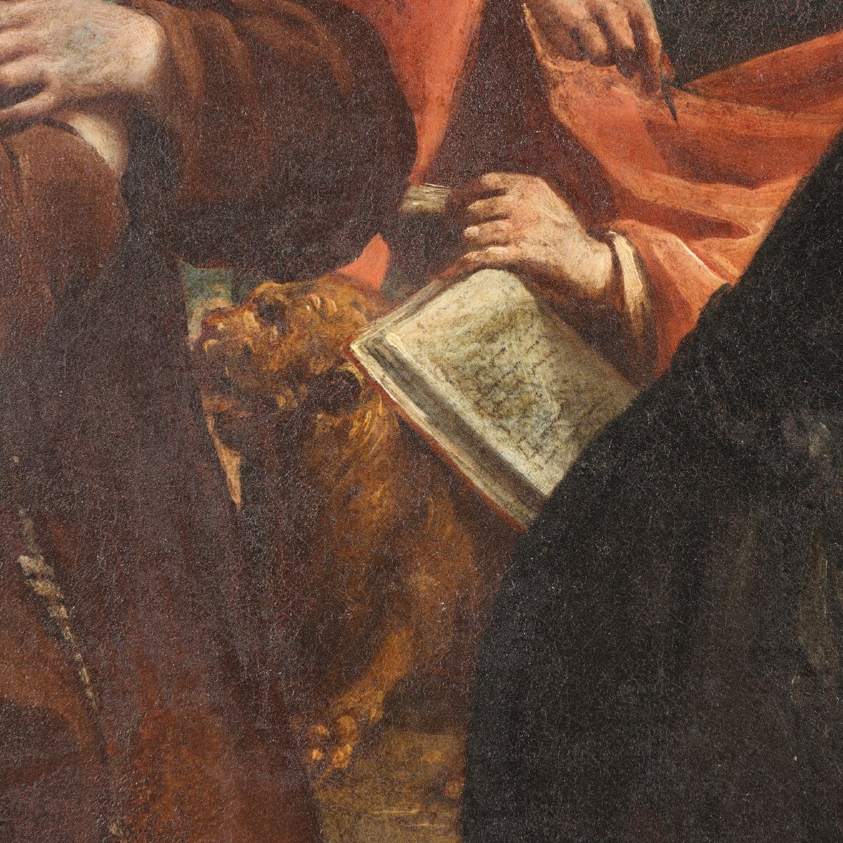 Dipinto Antico Madonna con Santi Olio su Tela XVII Secolo Originale-photo-1