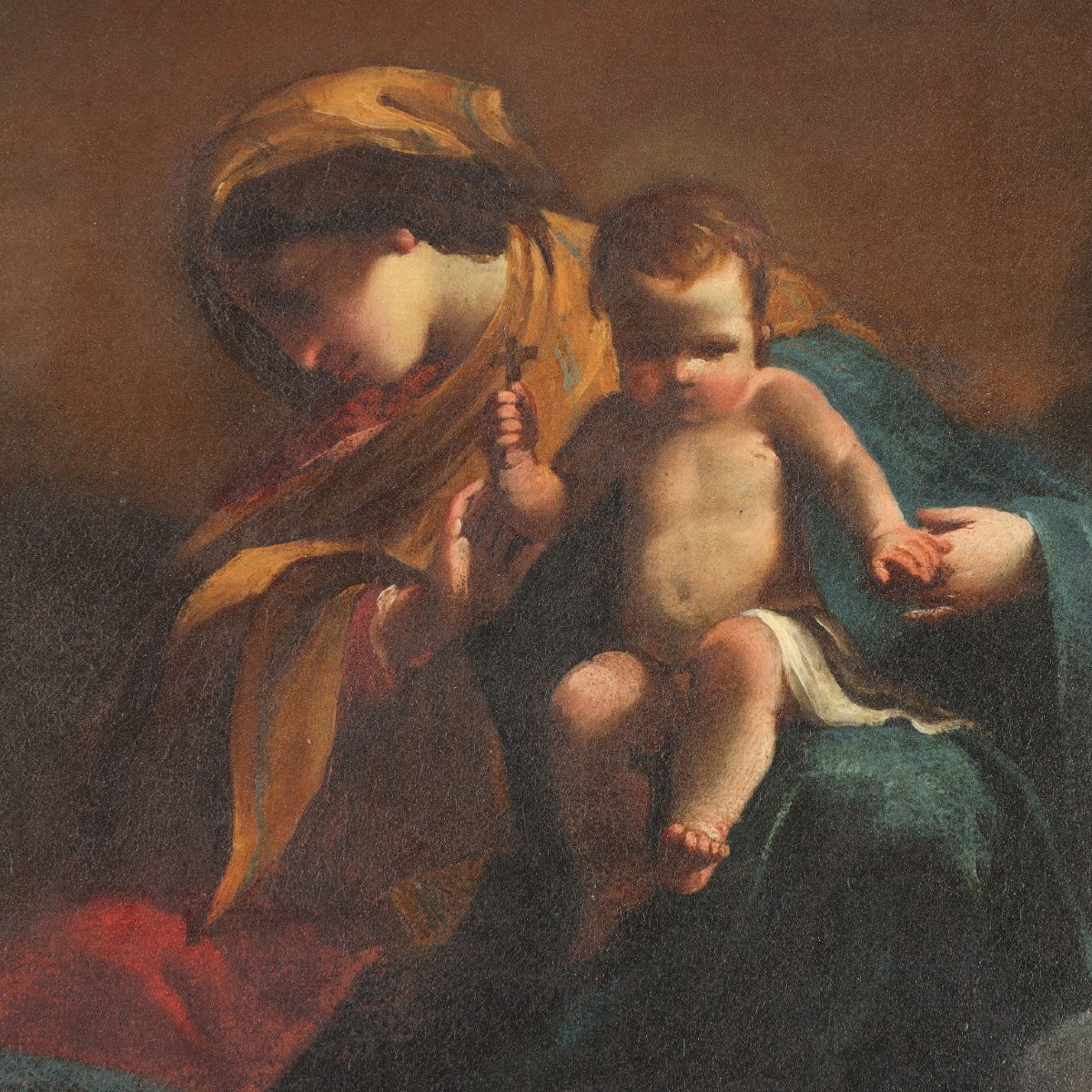 Dipinto Antico Madonna con Santi Olio su Tela XVII Secolo Originale-photo-7