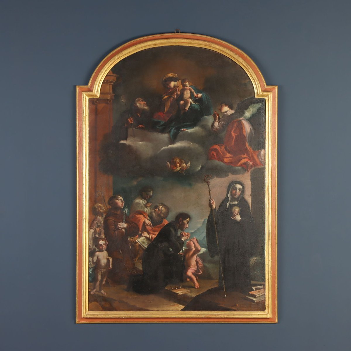 Dipinto Antico Madonna con Santi Olio su Tela XVII Secolo Originale