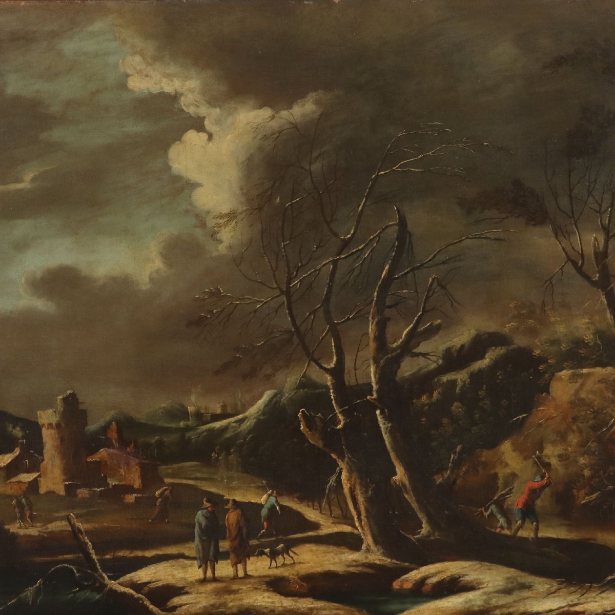 Dipinto Antico Ambito di Marco Ricci Paesaggio Invernale '700 Originale-photo-3