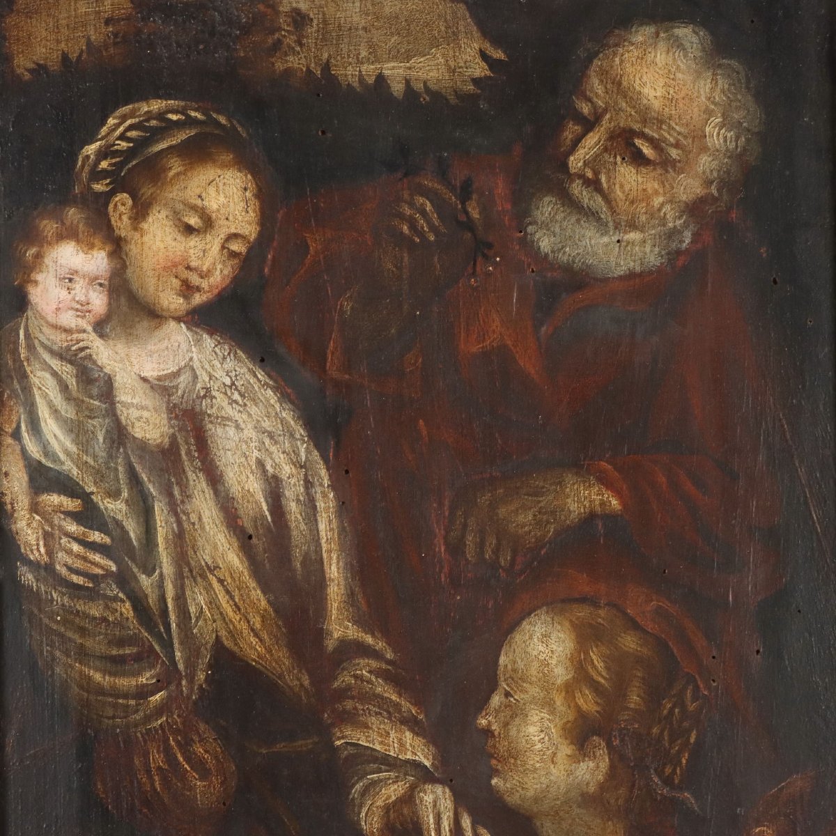 La Sacra Famiglia Dipinto Antico Olio su Tavola XVI-XVII Secolo Originale-photo-3