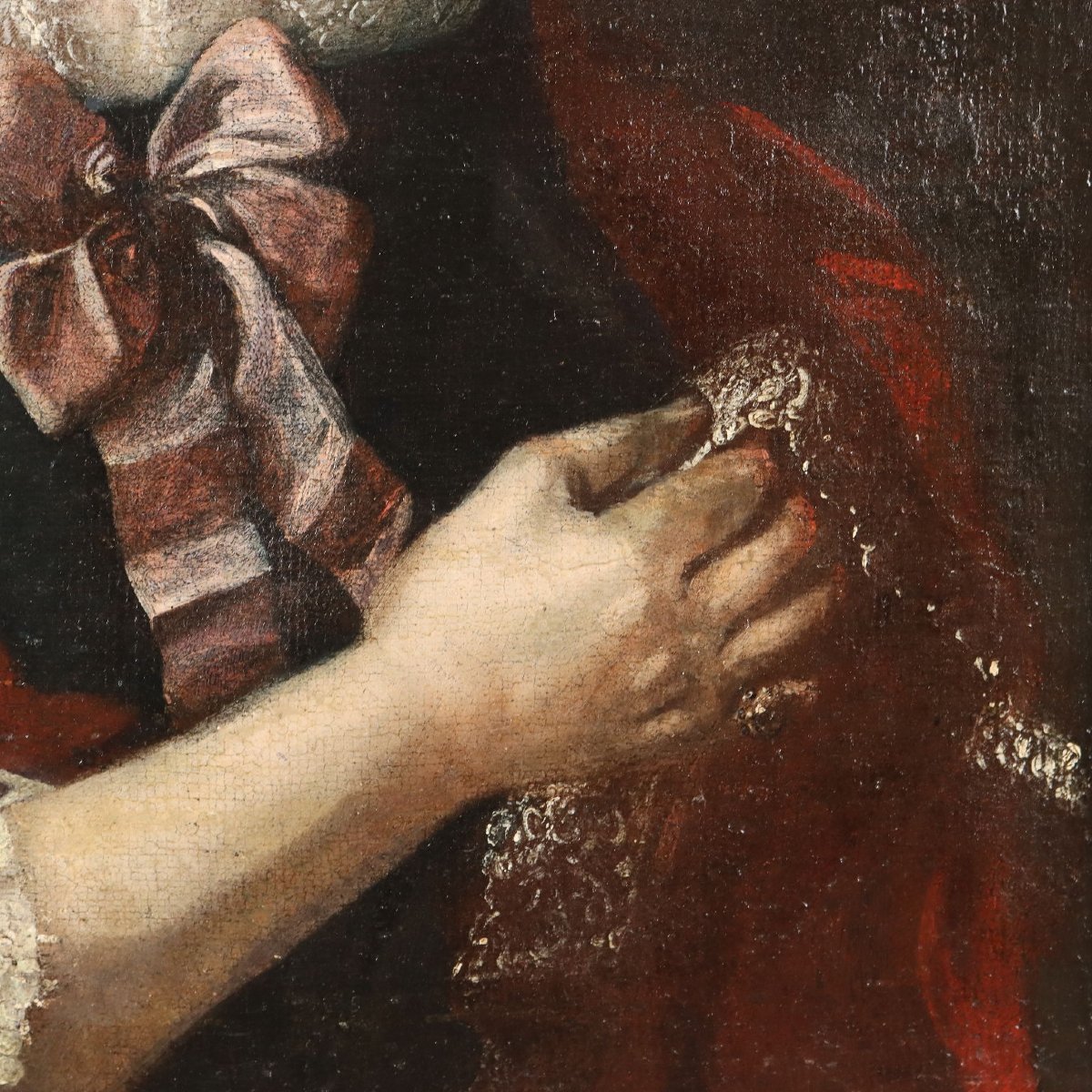 Dipinto Antico Ritratto di Nobildonna Olio su Tela XVIII Secolo Restaurato-photo-2