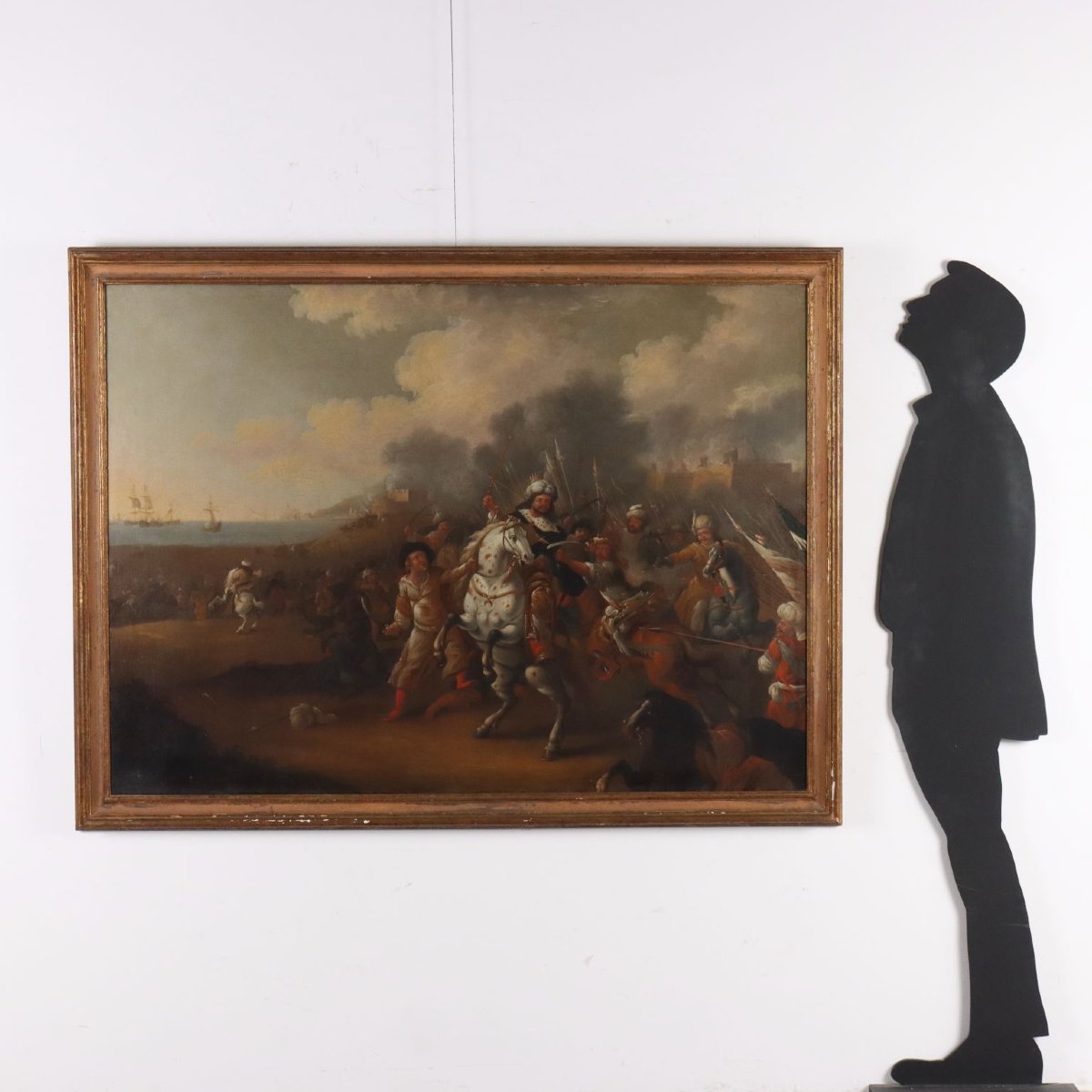 Quadro Antico Dipinto Scena di Battaglia Olio su Tela XVIII Secolo Originale-photo-2