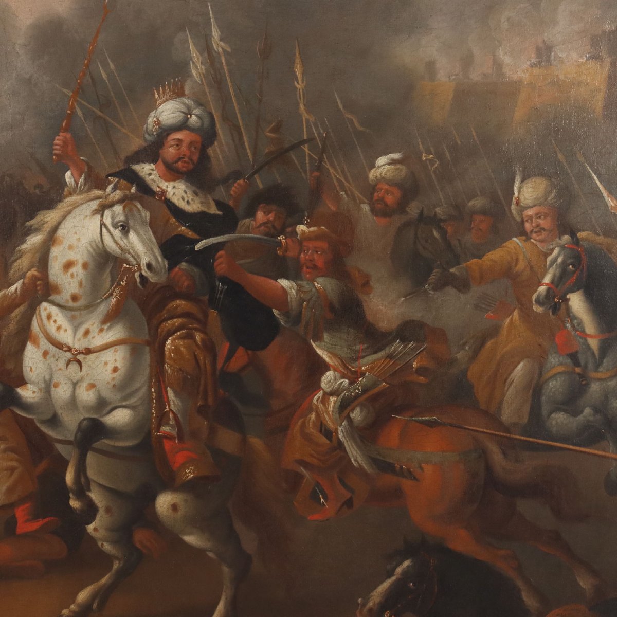 Quadro Antico Dipinto Scena di Battaglia Olio su Tela XVIII Secolo Originale-photo-3