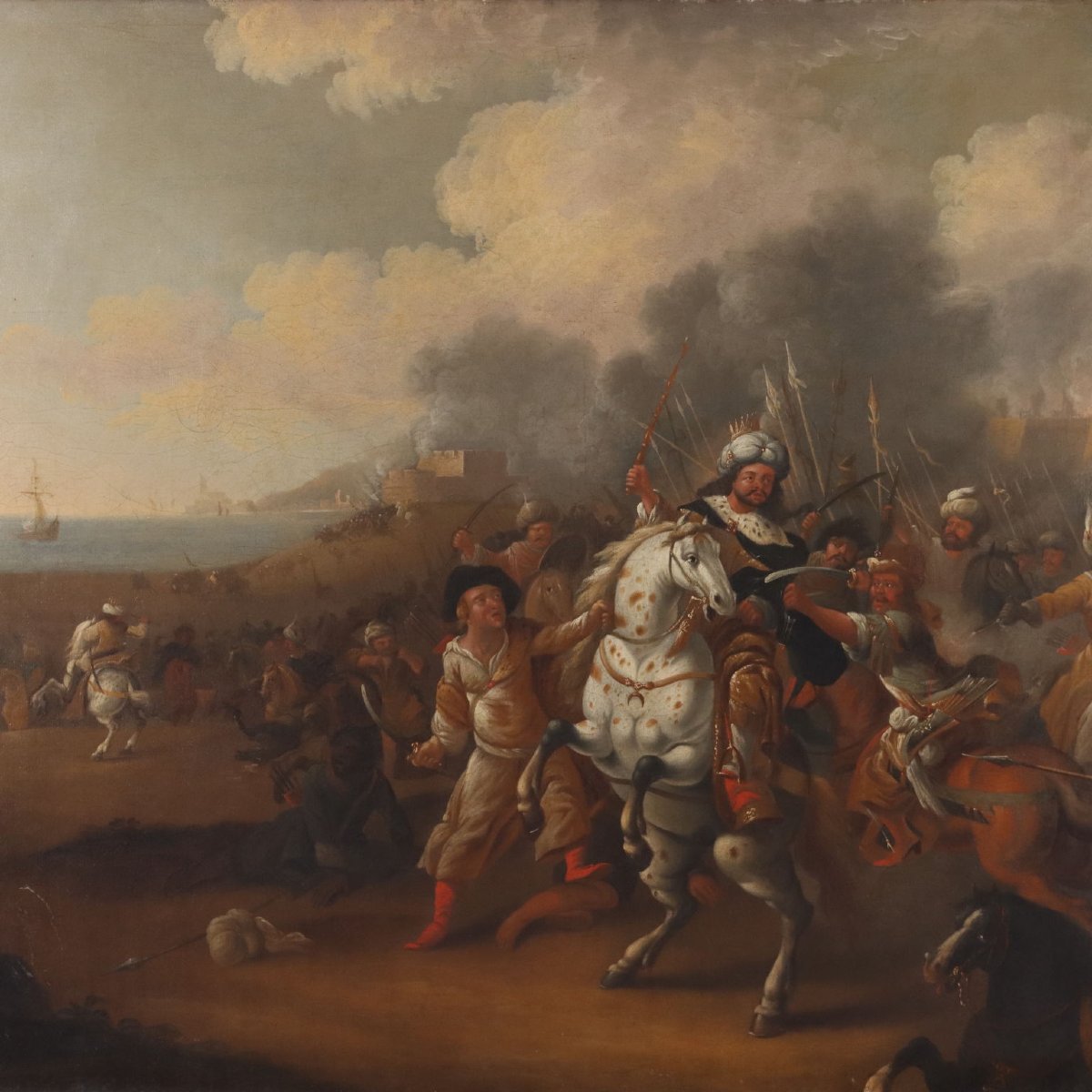 Quadro Antico Dipinto Scena di Battaglia Olio su Tela XVIII Secolo Originale-photo-4