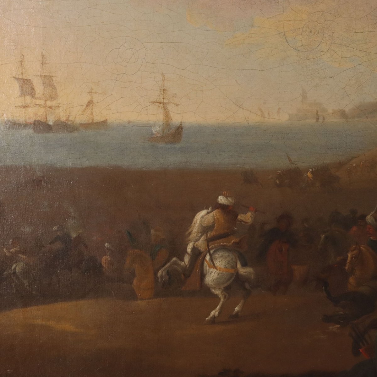 Quadro Antico Dipinto Scena di Battaglia Olio su Tela XVIII Secolo Originale-photo-1