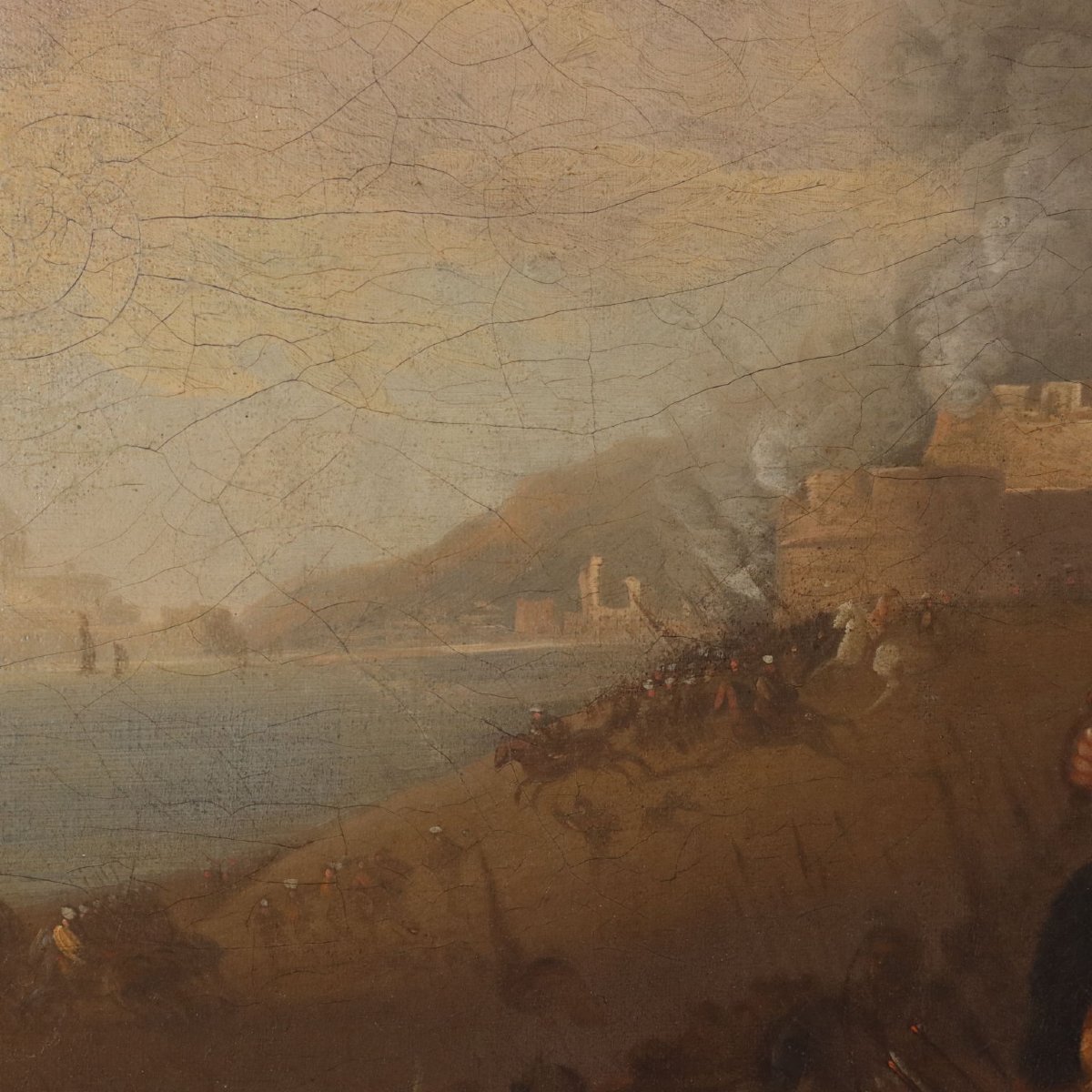 Quadro Antico Dipinto Scena di Battaglia Olio su Tela XVIII Secolo Originale-photo-3
