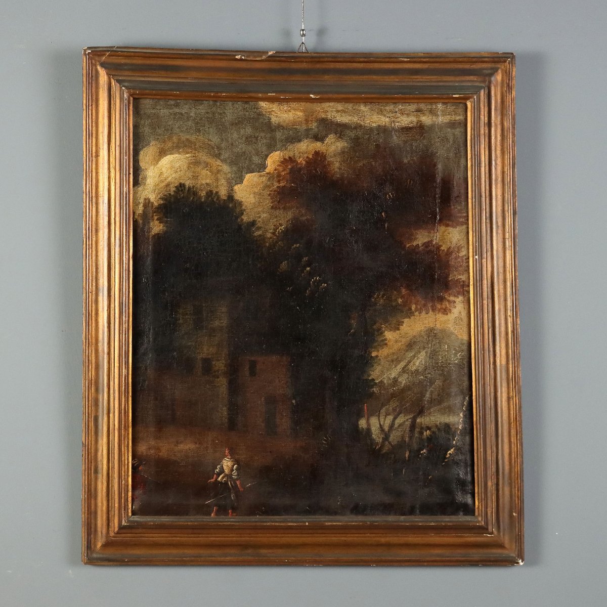 Dipinto Antico Paesaggio con Edificio e Figure Olio su Tela '700