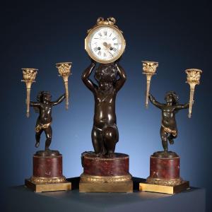 Trittico con Orologio e Coppia di Candelabri Etienne Lenoir Henry Dasson attribuibile a