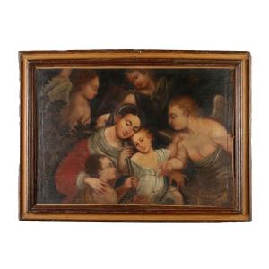 Madonna con Bambino San Giovannino e Angeli Dipinto del XVII secolo Olio su tela