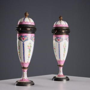 Coppia di Profumatori in Argento e Porcellana Manifattura di Limoges Francia Primi '900