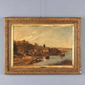 Dipinto Paesaggio Fluviale Olio su Tela Scuola Olandese XIX Secolo