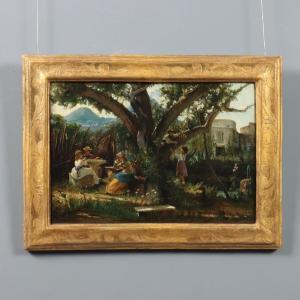Dipinto di Eleuterio Pagliano Figure in Giardino 1860/1870 ca