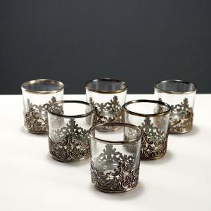 Gruppo di Sei Bicchieri Vetro e Argento Manifattura Milanese Italia Anni '60