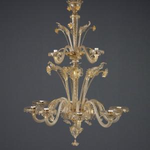 Lampadario in Vetro Soffiato con Dorature Murano Inizio XX Secolo