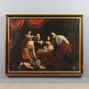 Antique Painting The Birth Of The Virgin Mary Copy From S. Vouet '600