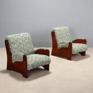 Vintage Armchairs Wood Fabric Cloth Design Italy 1960s