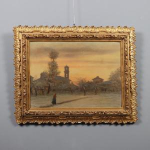 Dipinto di Ugo Gheduzzi Veduta di Paese al Tramonto XX Secolo 