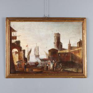 Dipinto Scena di Porto Mediterraneo XVIII Secolo