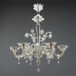 Lampadario in Vetro Soffiato Veneziano Trasparente Murano Fine XIX Secolo