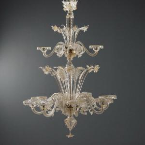 Lampadario in Vetro Soffiato Trasparente e Dorature Murano Inizio XX Secolo