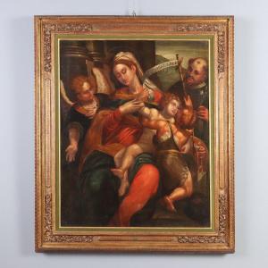 Dipinto Madonna con Bambino e Santi Olio su Tela XVII Secolo