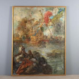 Dipinto Ottocentesco di Battaglia Navale con Figura Allegorica