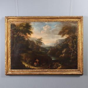 Dipinto del XVIII Secolo con Paesaggio e Figure Olio su Tela